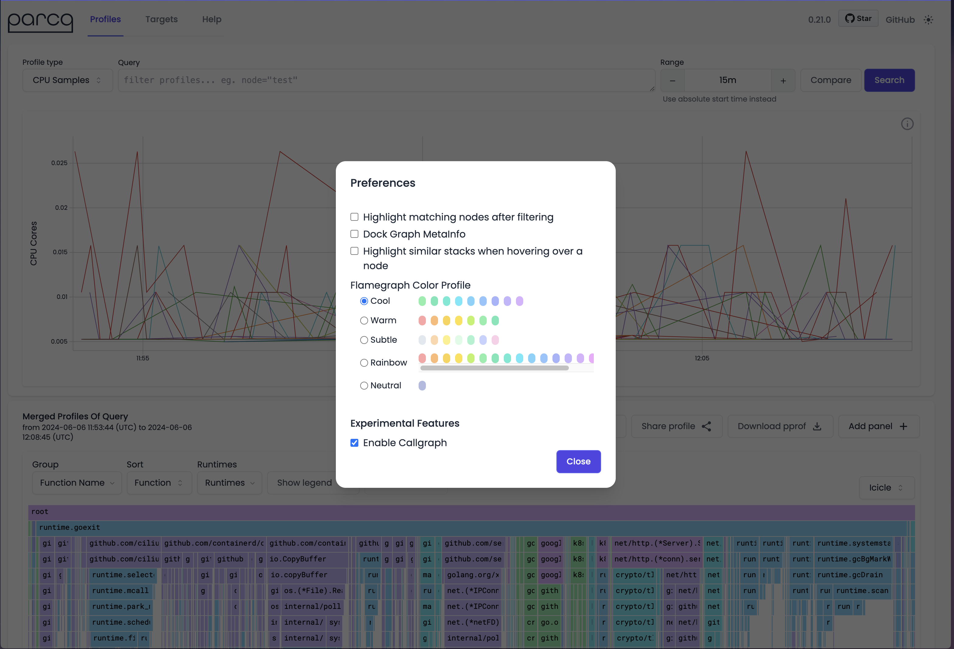 Preferences modal showing different color profiles